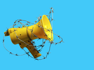 megaphone wrapped in barbed wire. the concept of banning freedom of speech. censorship barbed wire...