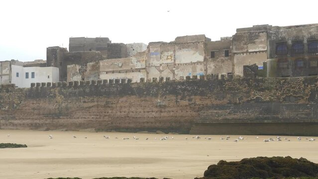 General view of Essaouira in Morocco. City walls, mist and sand