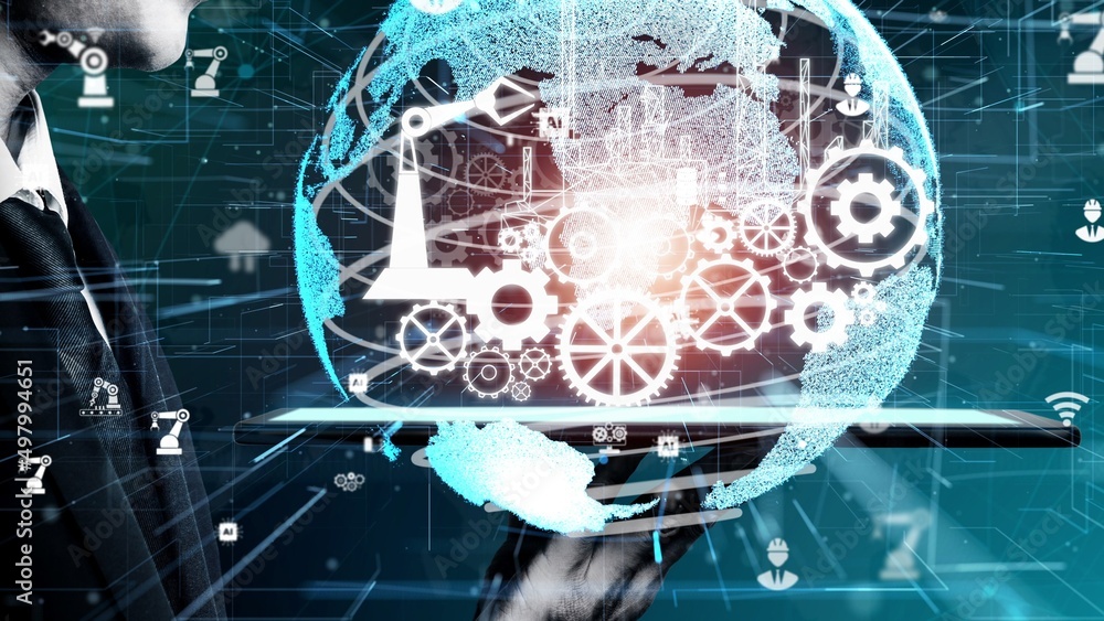 Poster futuristic industry 4.0 and inventive mechanized engineering concept with graphic user interface sho