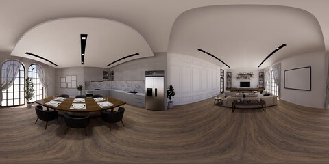 3d illustration spherical 360 vr degrees, a seamless panorama of the room and apartment . interior design 3D rendering.reception in a modern panoramic house. © anon
