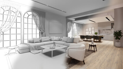 3d rendering. Interior house modern open living space with kitchen.Loft style Duplex apartment residence.Home decoration luxury  interior design.