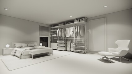 3d rendering. Interior house modern bedroom and closet .Loft style Duplex apartment residence.Home decoration luxury  interior design.