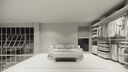 3d rendering. Interior house modern bedroom and closet .Loft style Duplex apartment residence.Home decoration luxury  interior design.