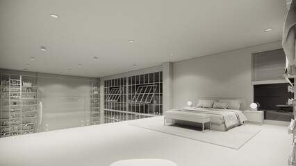 3d rendering. Interior house modern bedroom and closet .Loft style Duplex apartment residence.Home decoration luxury  interior design.