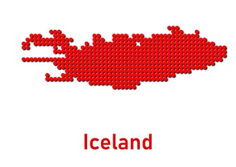 Iceland map, map of Iceland made of red dot pattern and name.