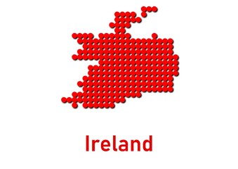 Ireland map, map of Ireland made of red dot pattern and name.