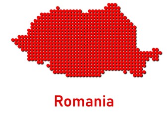 Romania map, map of Romania made of red dot pattern and name.
