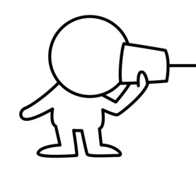 This is an illustration of a two-headed white person listening to a conversation on a tin can phone.