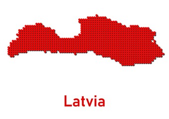 Latvia map, map of Latvia made of red dot pattern and name.