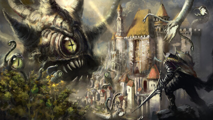 A huge Cyclops monster with tentacles at the end of which there are many eyes and mouths attacks the castle. Digital drawing style, 2D illustration