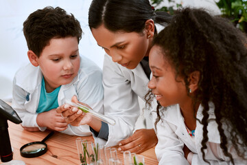 Learning is fuelled by curiosity. Shot of an adorable little boy and girl learning about plants with their teacher at school.