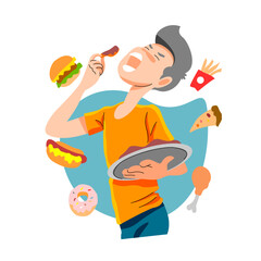 young man eating various fast food