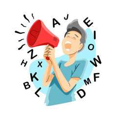 young man promoting using megaphone 