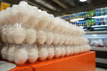 Almaty, Kazakhstan - 12.23.2021 : Chicken eggs in a package in a hypermarket