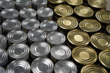 Almaty, Kazakhstan - 12.23.2021 : A row with canned food in a hypermarket
