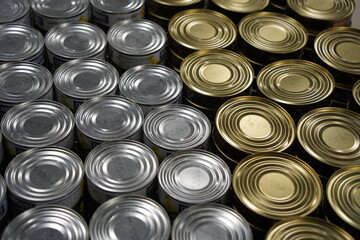 Almaty, Kazakhstan - 12.23.2021 : A row with canned food in a hypermarket