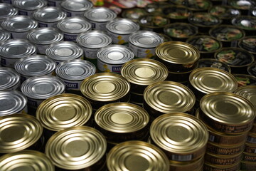 Almaty, Kazakhstan - 12.23.2021 : A row with canned food in a hypermarket