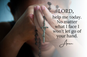 Christian prayer text with women holding Holy Rosary while praying background.