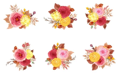 Raamstickers Bloemen Set of Red And Yellow Watercolor Floral Bouquet