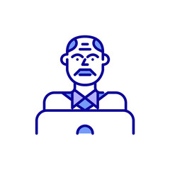 Middle-aged man working at a laptop. Pixel perfect, editable stroke color icon