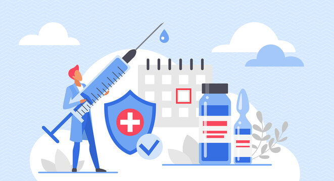 Vaccination time in medical calendar vector illustration. Cartoon doctor holding vaccine syringe to vaccinate and protect against virus. Global immunization, health protection, medicine concept