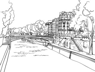 Romantic view of old Paris bridge and river Seine. Paris, France. Hand drawn sketch. Line art. Ink drawing. Black and white vector background on white. For illustration and romantic Postcards. - 497997848