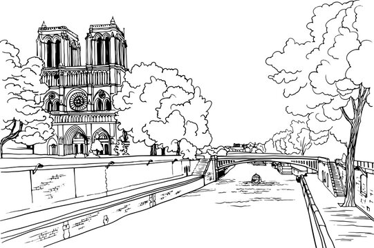Romantic view of old Paris bridge and river Seine. Paris, France. Hand drawn sketch. Line art. Ink drawing. Black and white vector background on white. For illustration and romantic Postcards.