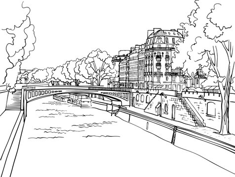 Romantic view of old Paris bridge and river Seine. Paris, France. Hand drawn sketch. Line art. Ink drawing. Black and white vector background on white. For illustration and romantic Postcards.