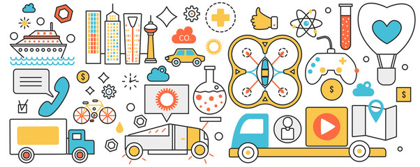 Transport technology and futuristic delivery service. Integrate tech logistics and transportation system, smart car of future, air pollution in infographic concept banner, thin line art design