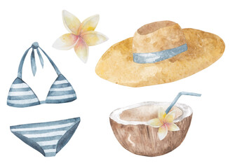 Fototapeta na wymiar A set of watercolor hand drawn illustrations on a summer theme. Straw hat, swimsuit, cocktail, coconut, tropical flowers - watercolor illustration isolated on white background