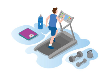 running treadmill man with exercise tools with modern isometric style
