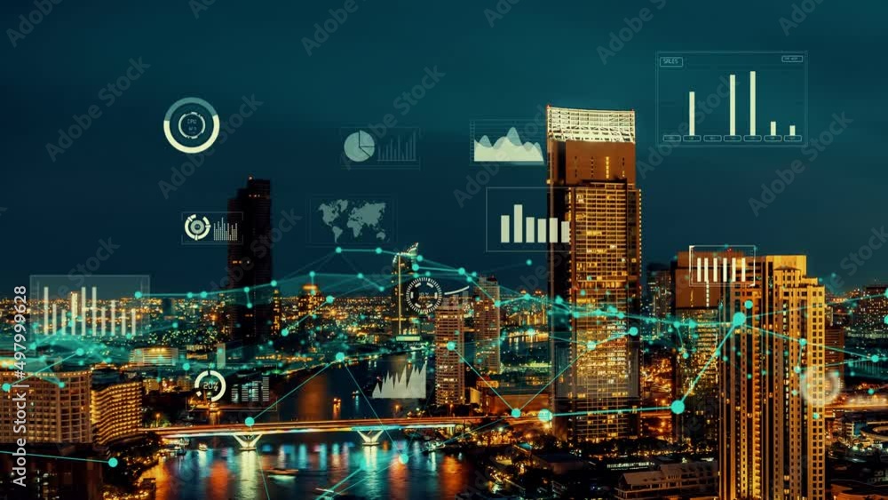 Poster business data analytic interface fly over smart city showing alteration future of business intellige