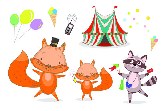 
Funny animals. Circus, vector image in cartoon style, fox, raccoon.
 Design, background, characters.