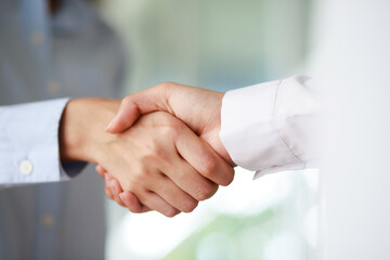 Closeup of a business hand shake between two colleagues Plaid shirt