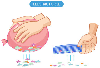 static electricity experiment with balloon comb and papers