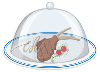 Lamb chop and tomatoes on plate with glass cover on white background