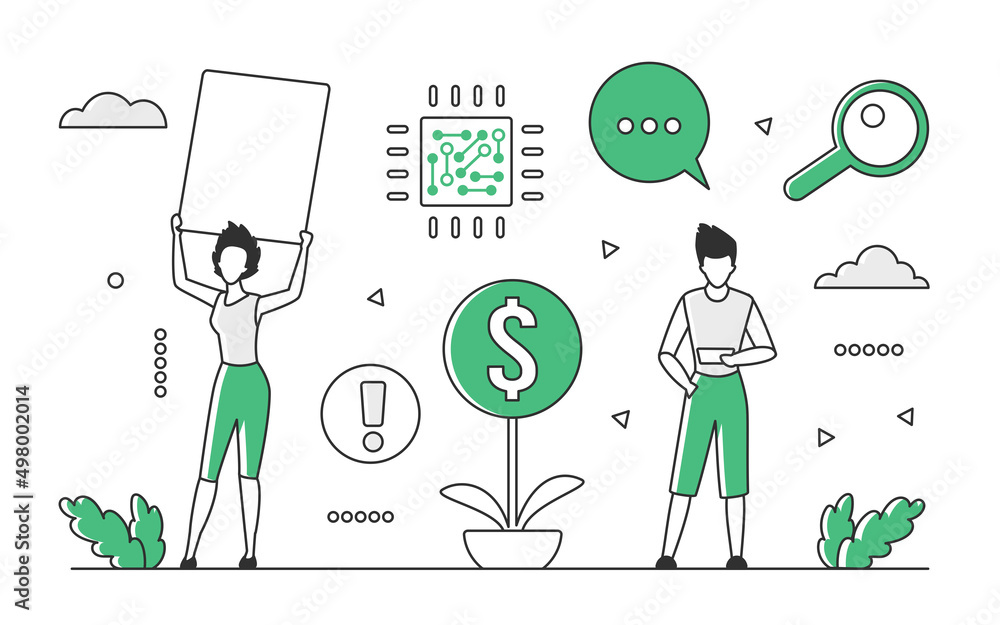 Poster technological startup business process. project development and technology launching vector monocolo