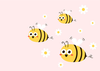 Bee cartoon and Flower isolated on pastel background vector illustration. Cute cartoon character. Cube Bee vector.