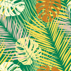 Beautiful tropical leaves branch  seamless pattern design. Tropical leaves, monstera leaf seamless floral pattern background. Trendy brazilian illustration. Spring summer design for fashion, prints