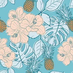 Fotobehang Tropical hibiscus, palm leaves, monstera, pineapple seamless pattern background. Exotic jungle wrapping paper. Beautiful print with hand drawn exotic plants. Summer design for fashion, print © Carrie