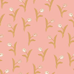 Tulip flowers and leaves seamless pattern background. Nature wrapping paper or textile design. Beautiful print with hand-drawn flower.