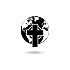 Christian cross with globe Earth icon logo with shadow
