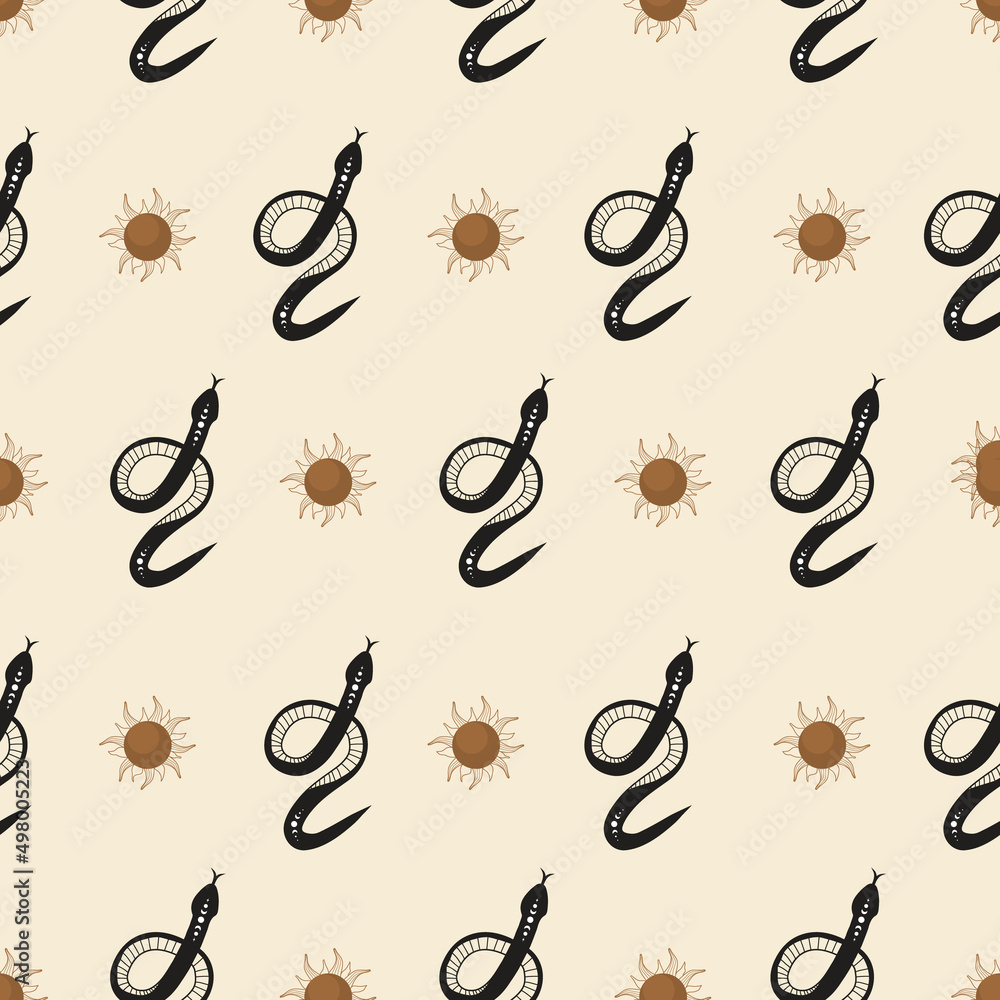 Wall mural seamless pattern with boho magic snake and sun. mystical symbol in a trendy minimalist style. esoter