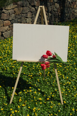 Artist tripod, empty canvas and a bouquet of red tulips against the backdrop of a blooming meadow....