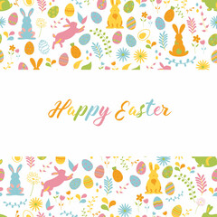 Trendy floral Easter templates. Easter card with a pattern of flowers, plants, Easter eggs and rabbits. Good for poster, card, invitation, flyer, cover, banner, placard, brochure