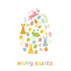 Happy Easter greeting card. Vector illustration of an Easter egg made of flowers, plants, Easter eggs and rabbits with calligraphic inscription inside. Isolated on white background