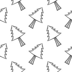 hand drawn seamless pattern of pine trees on white background