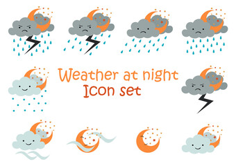 night weather illustration with facial character collection with moon and stars