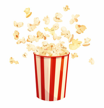 Tasty popcorn in striped red box. Cartoon vector illustration.