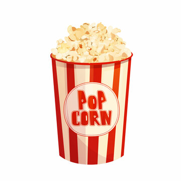 Tasty popcorn in striped red box. Cartoon vector illustration.
